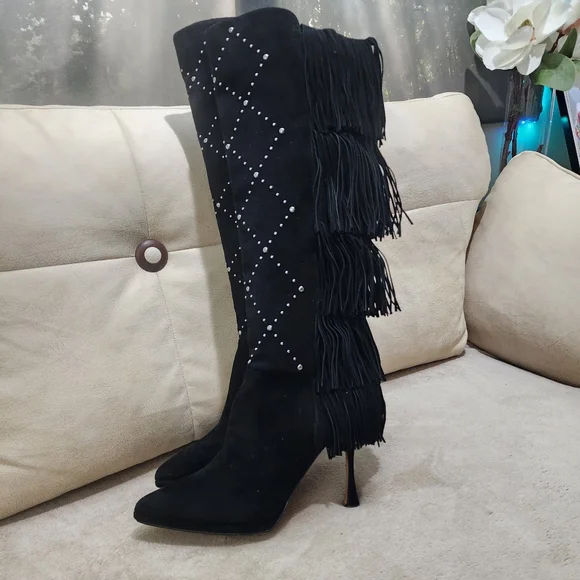 Vince Camuto Black Fringe Studded Over-The-Knee Boots 4" Heels - Picture 4 of 8